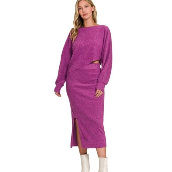 Zenana Ribbed Asymmetric Hem and Sleeve Top & Skirt Set - Picture 1 of 8